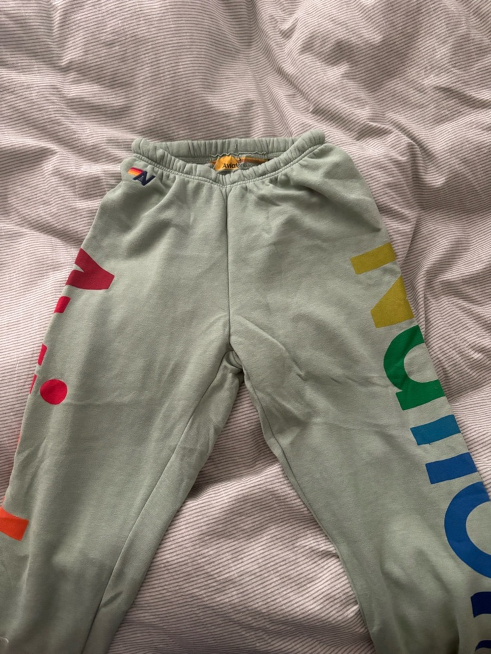 Aviator Nation Green Sweatpants with Colorful Side Lettering